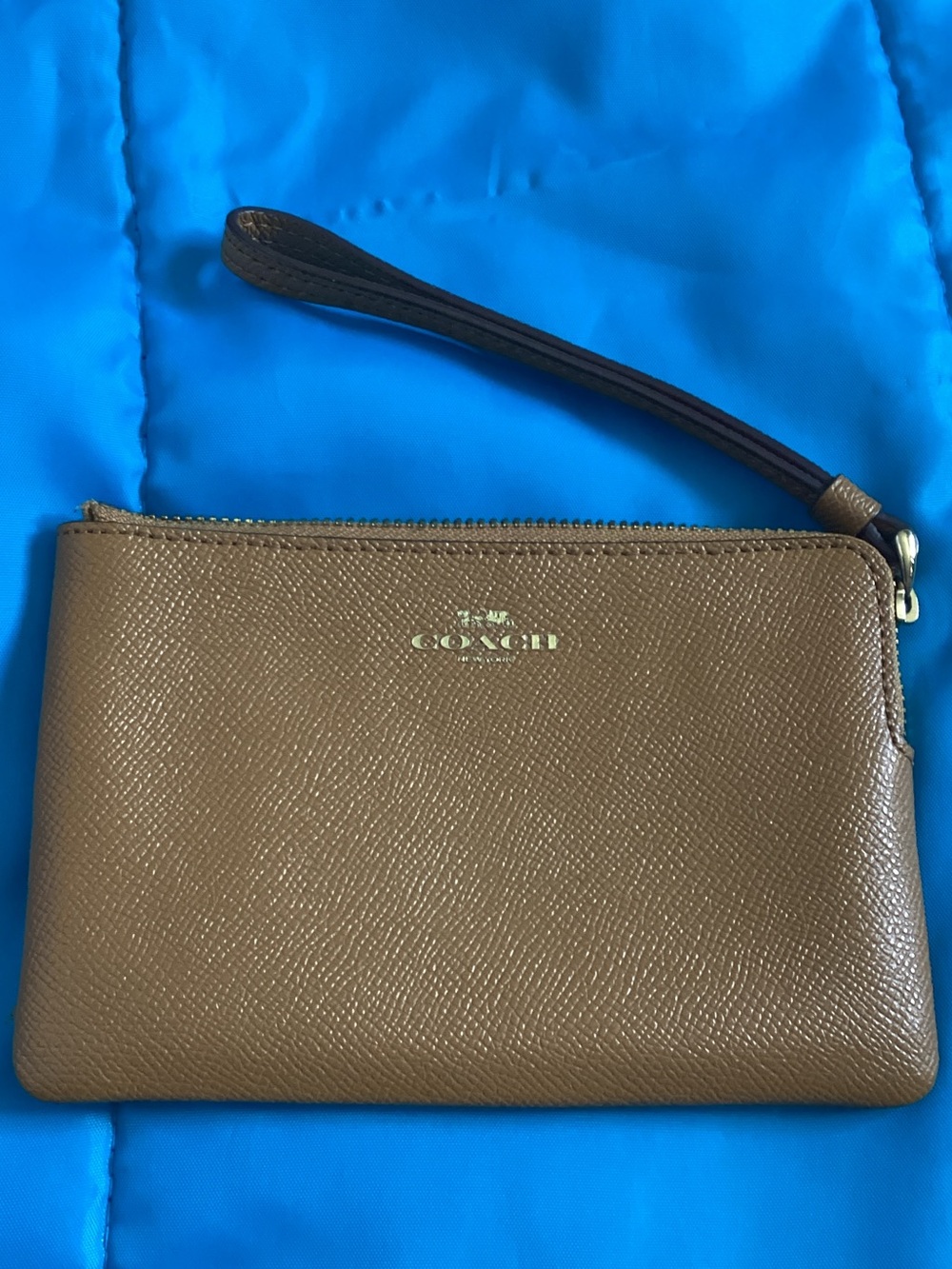 Coach Tan Saffiano Leather Wristlet with Gold Logo